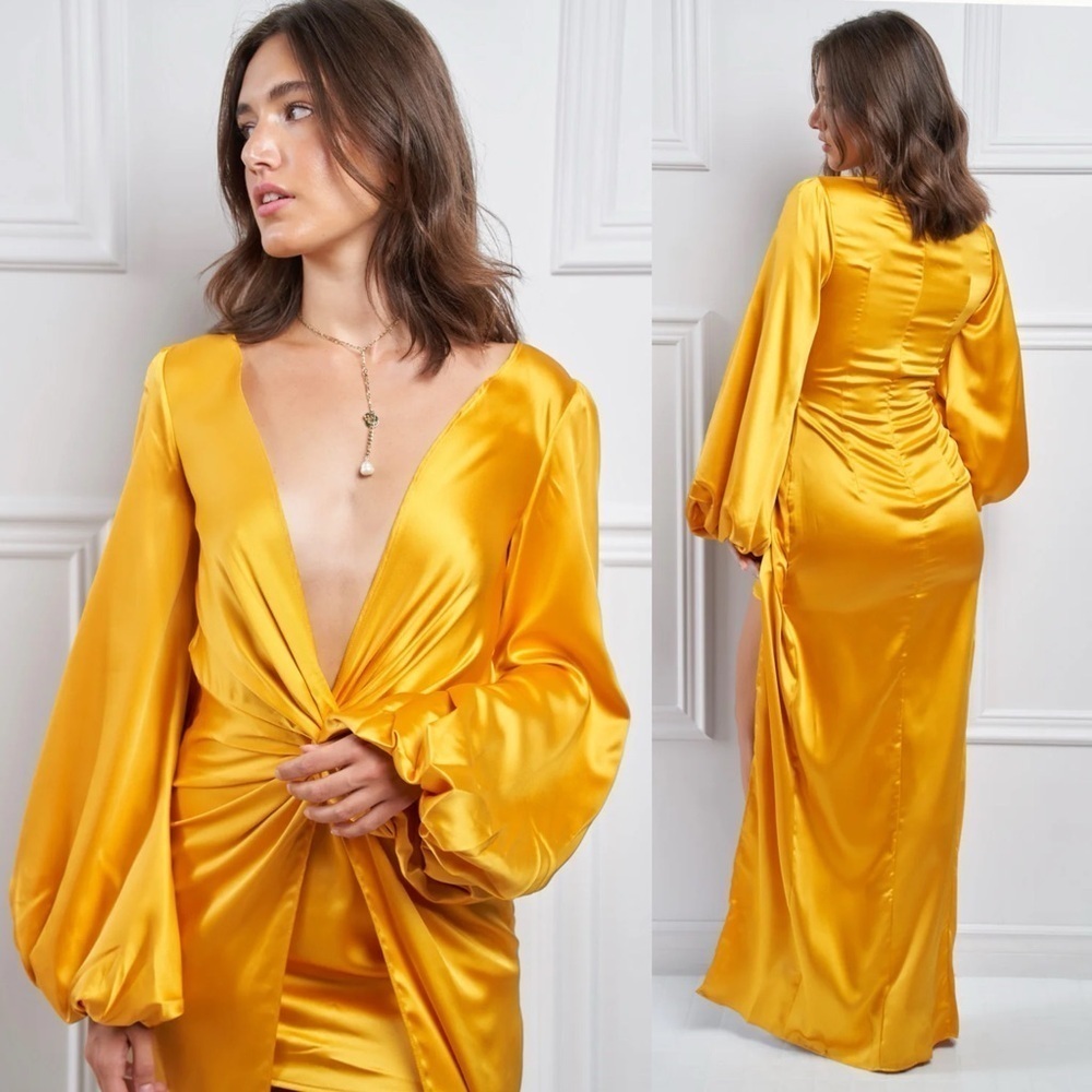 NWT Yellow Gown Satin Dress Maxi Long Sleeve Sexy Wedding Guest Formal Size S - Picture 4 of 16